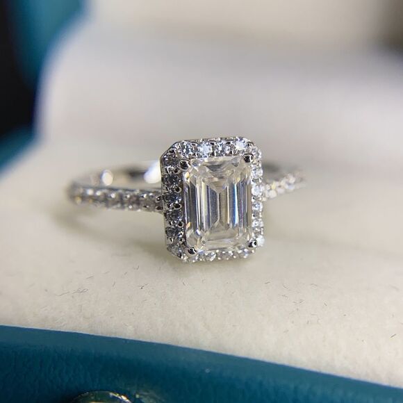 💯% AUTHENTIC!!!  Halo Emerald Cut Moissanite Engagement Ring - Picture 1 of 15